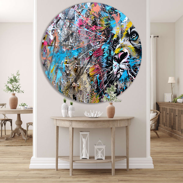 Abstracte leeuw in levendige graffiti-stijl aluminium muurcirkel