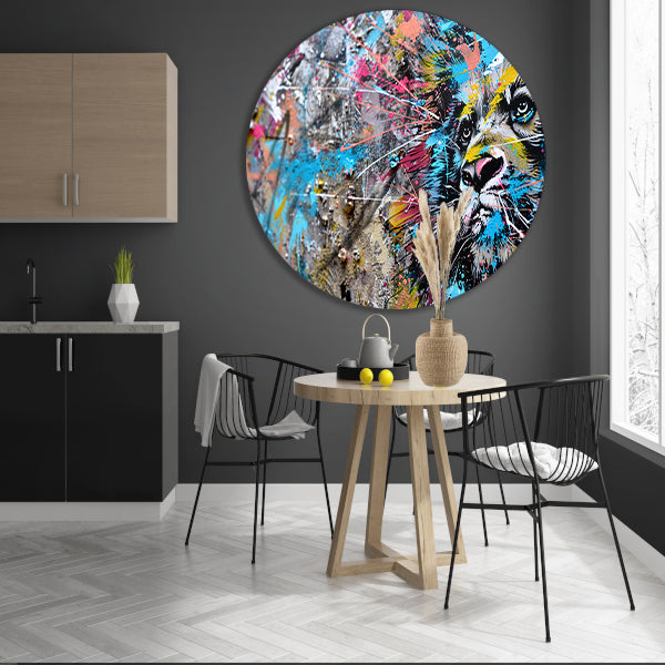 Abstracte leeuw in levendige graffiti-stijl aluminium muurcirkel