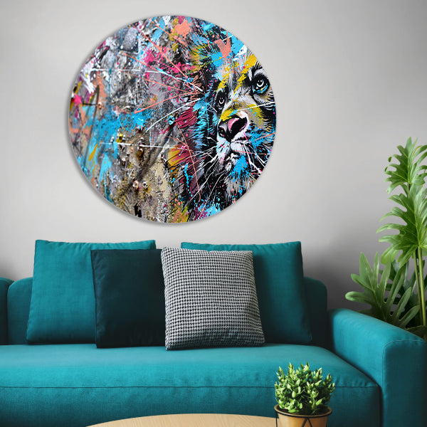 Abstracte leeuw in levendige graffiti-stijl aluminium muurcirkel
