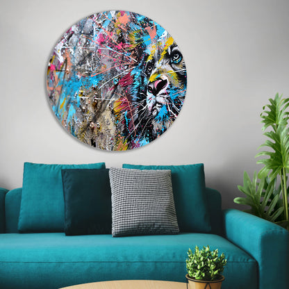 Abstracte leeuw in levendige graffiti-stijl aluminium muurcirkel