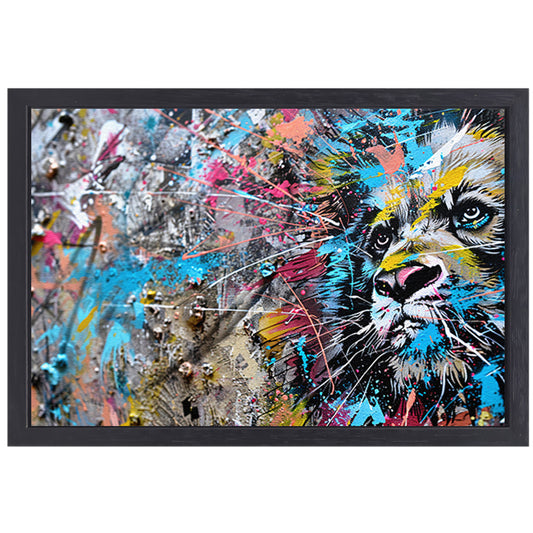 Abstracte leeuw in levendige graffiti-stijl canvas met baklijst