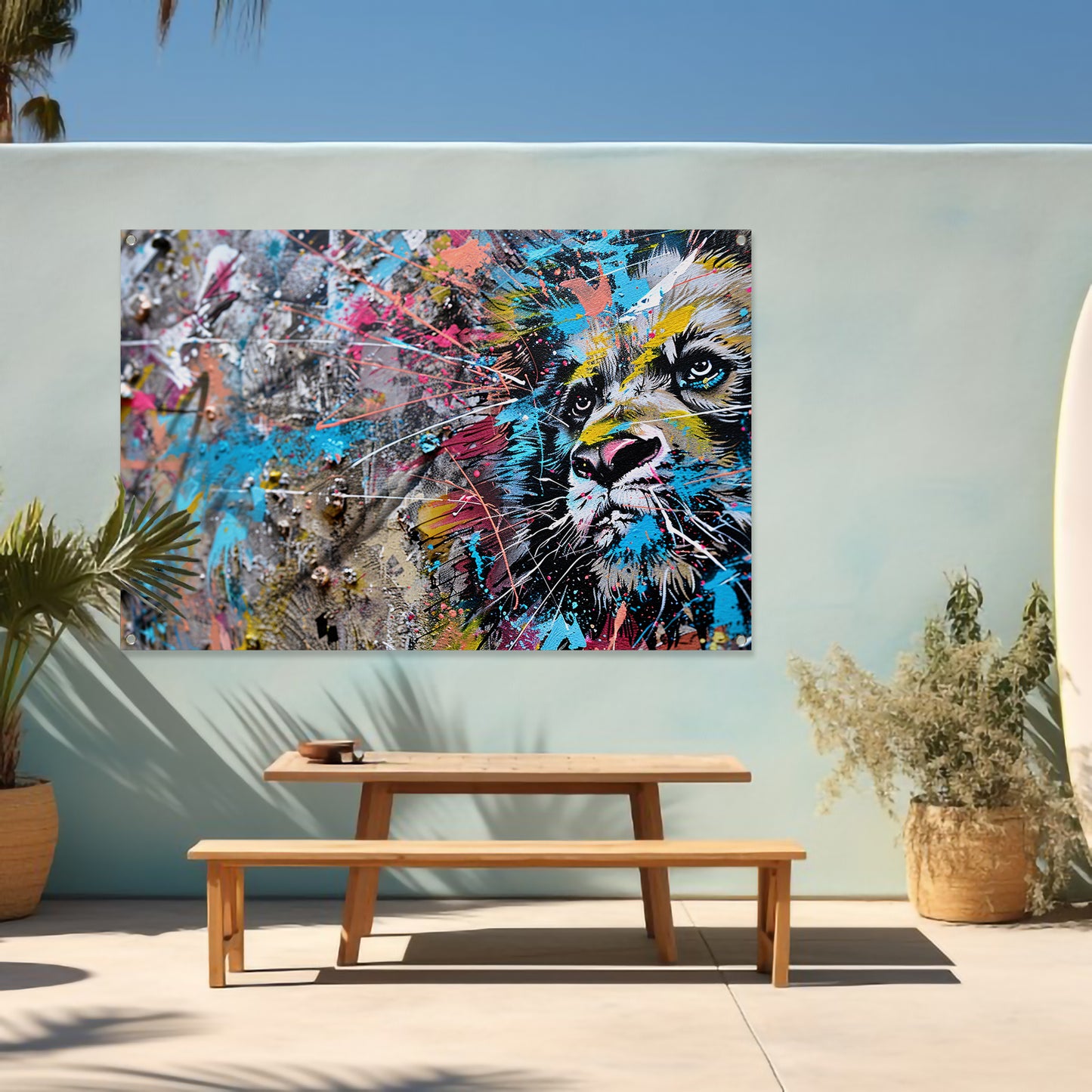 Abstracte leeuw in levendige graffiti-stijl tuinposter