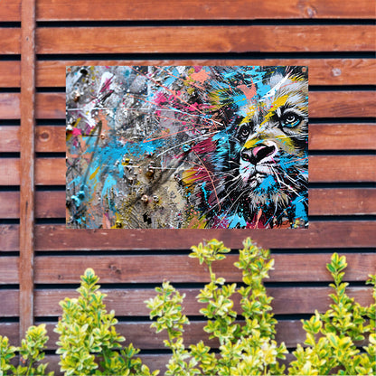 Abstracte leeuw in levendige graffiti-stijl tuinposter