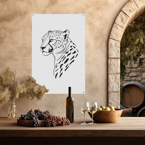 Zwart-witte minimalistische cheetah lijntekening tuinposter