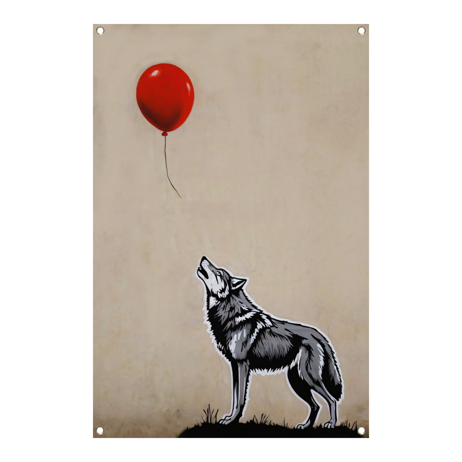 Starende wolf en de vliegende rode ballon tuinposter