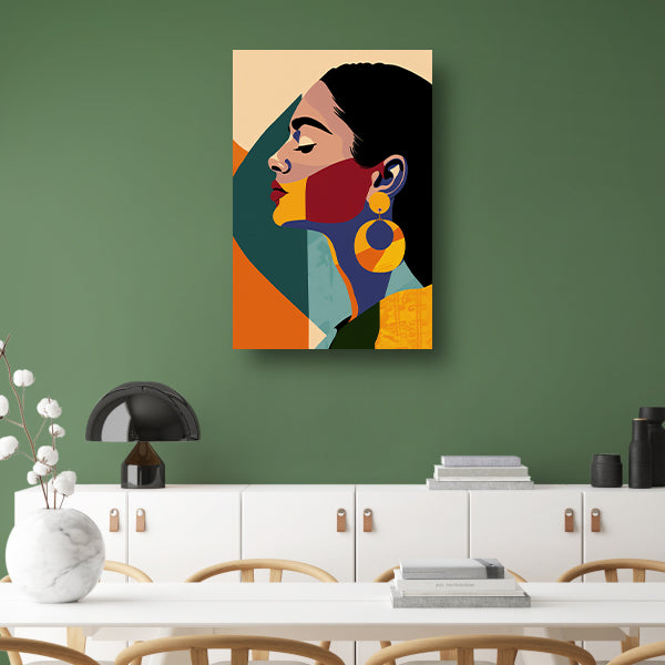 Elegante vrouw in kleurrijk, abstract geometrisch ontwerp canvas