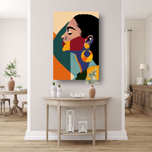 Elegante vrouw in kleurrijk, abstract geometrisch ontwerp canvas