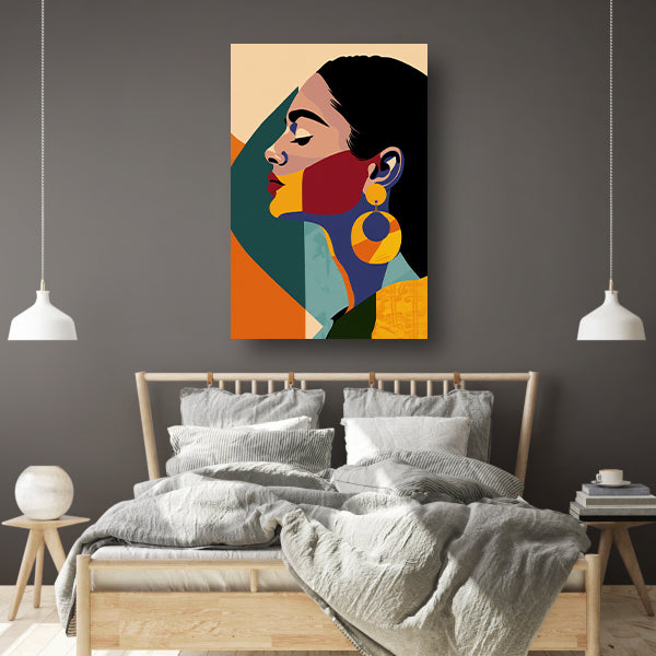 Elegante vrouw in kleurrijk, abstract geometrisch ontwerp canvas