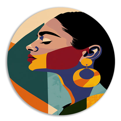 Elegante vrouw in kleurrijk, abstract geometrisch ontwerp forex muurcirkel
