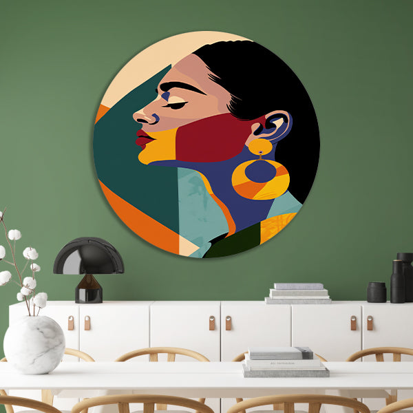 Elegante vrouw in kleurrijk, abstract geometrisch ontwerp forex muurcirkel