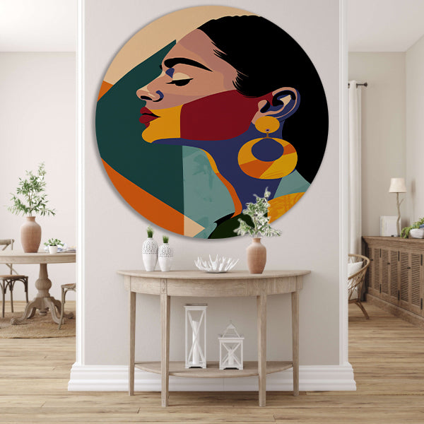 Elegante vrouw in kleurrijk, abstract geometrisch ontwerp forex muurcirkel