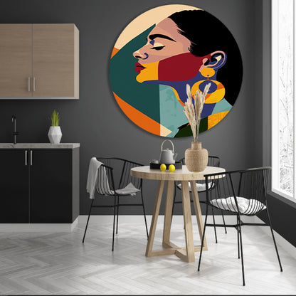 Elegante vrouw in kleurrijk, abstract geometrisch ontwerp forex muurcirkel