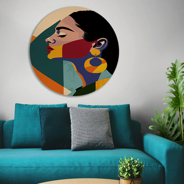 Elegante vrouw in kleurrijk, abstract geometrisch ontwerp forex muurcirkel