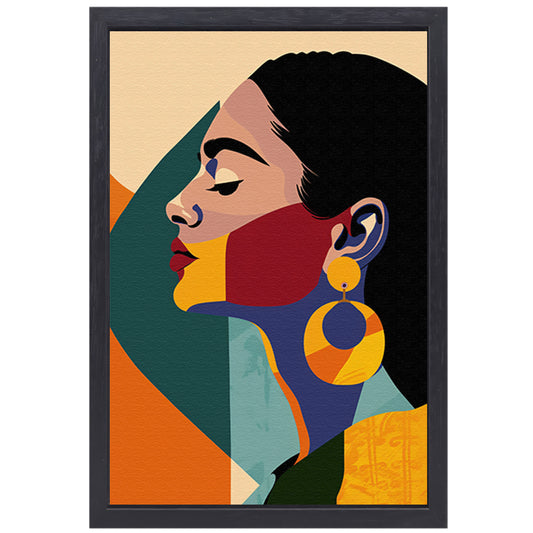 Elegante vrouw in kleurrijk, abstract geometrisch ontwerp canvas met baklijst