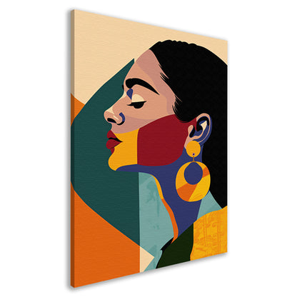 Elegante vrouw in kleurrijk, abstract geometrisch ontwerp canvas