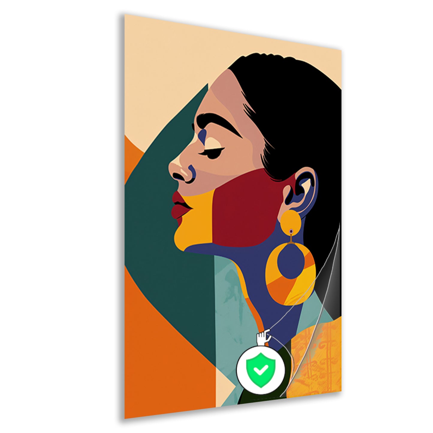 Elegante vrouw in kleurrijk, abstract geometrisch ontwerp poster
