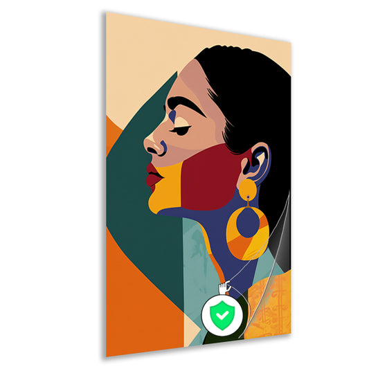 Elegante vrouw in kleurrijk, abstract geometrisch ontwerp poster