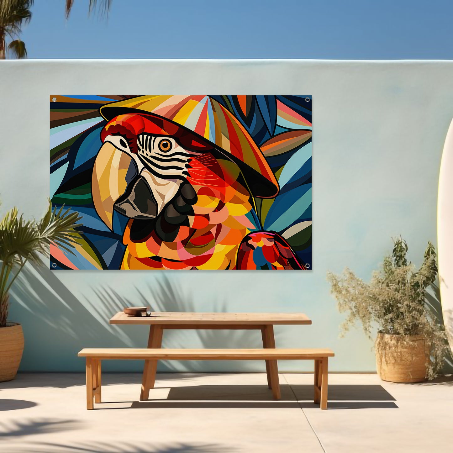 Kleurrijke abstracte papegaai met bladeren tuinposter