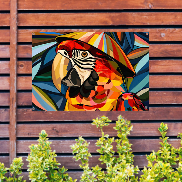 Kleurrijke abstracte papegaai met bladeren tuinposter