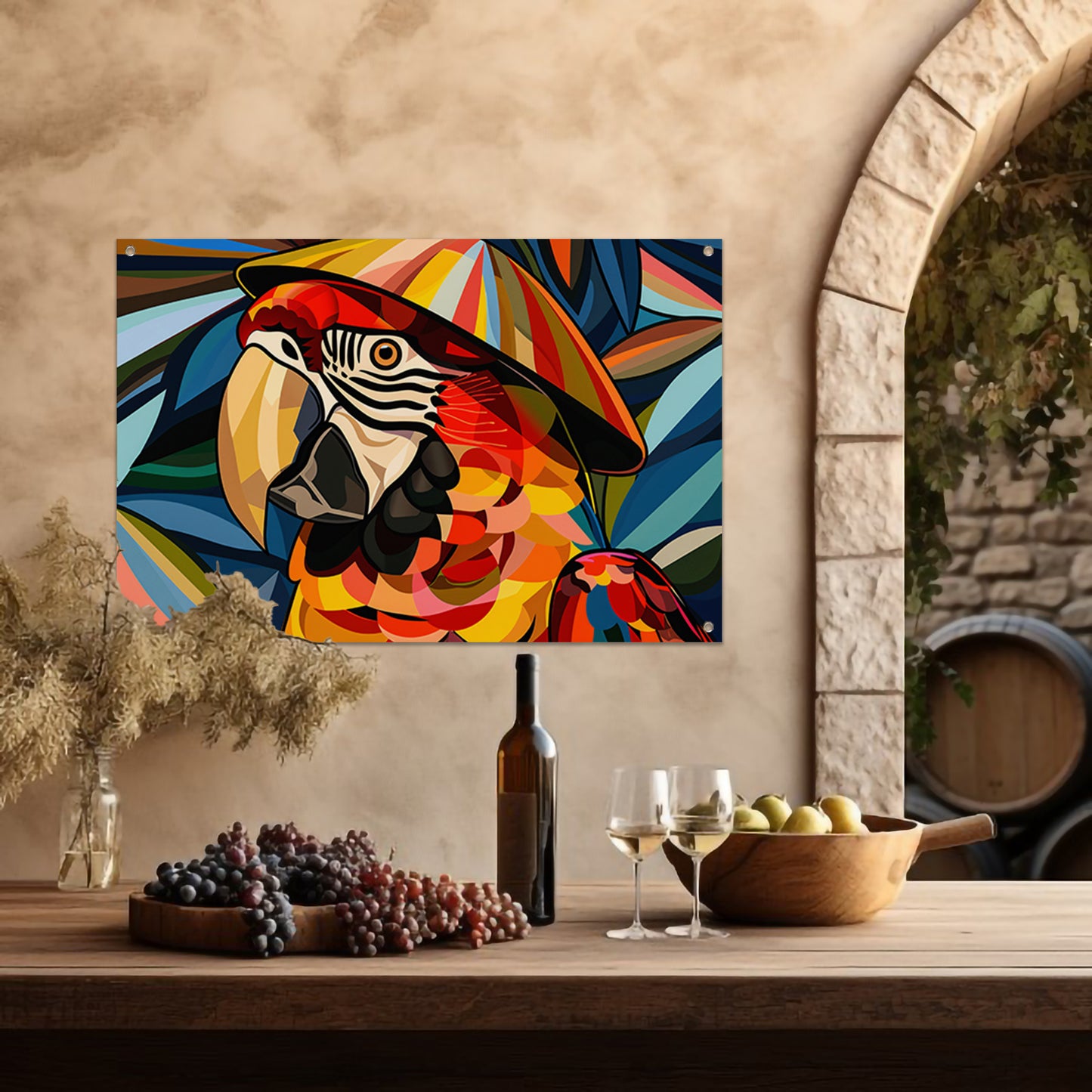 Kleurrijke abstracte papegaai met bladeren tuinposter