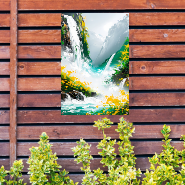 Abstracte waterval in kleurrijk natuur landschap tuinposter