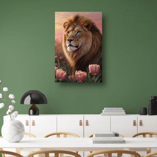 Nobele Leeuw in Tulpenveld bij Zonsondergang canvas met baklijst