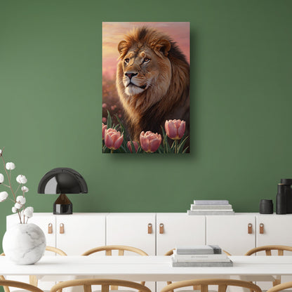Nobele Leeuw in Tulpenveld bij Zonsondergang canvas met baklijst