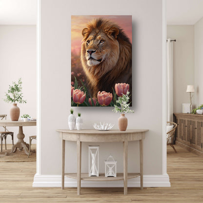 Nobele Leeuw in Tulpenveld bij Zonsondergang canvas met baklijst