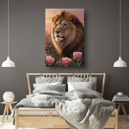 Nobele Leeuw in Tulpenveld bij Zonsondergang canvas met baklijst