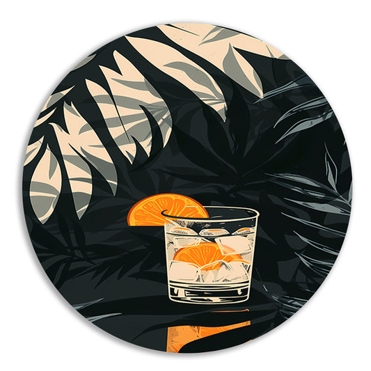 Citruscocktail in Glas met IJs en Planten aluminium muurcirkel