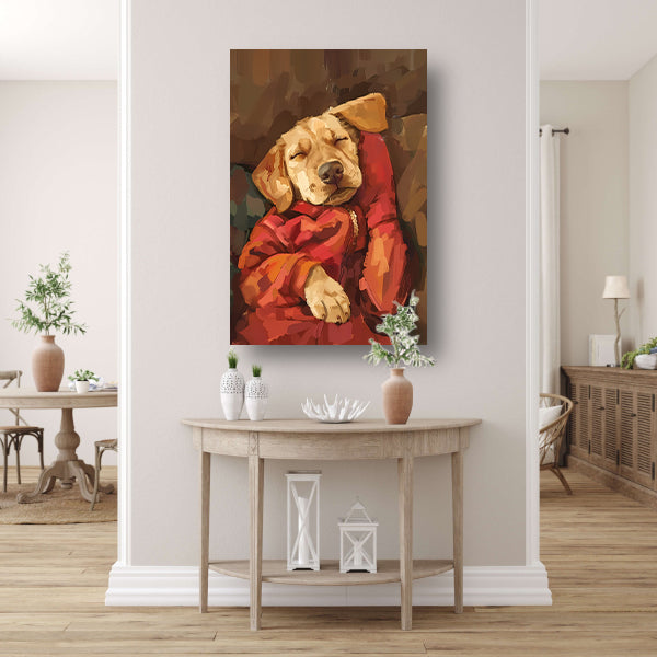 Slapende Labrador in Rode Jas canvas