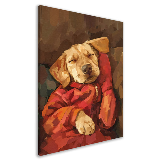 Slapende Labrador in Rode Jas canvas