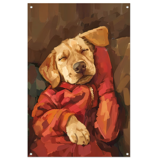 Slapende Labrador in Rode Jas tuinposter