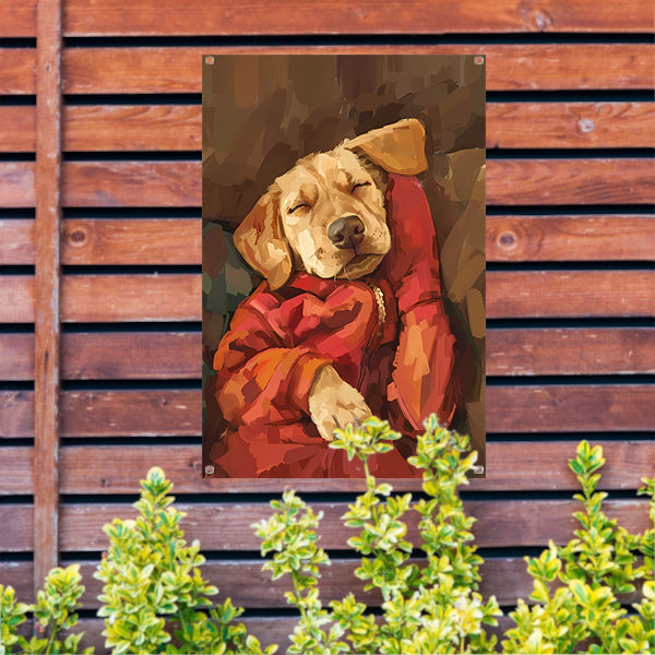 Slapende Labrador in Rode Jas tuinposter