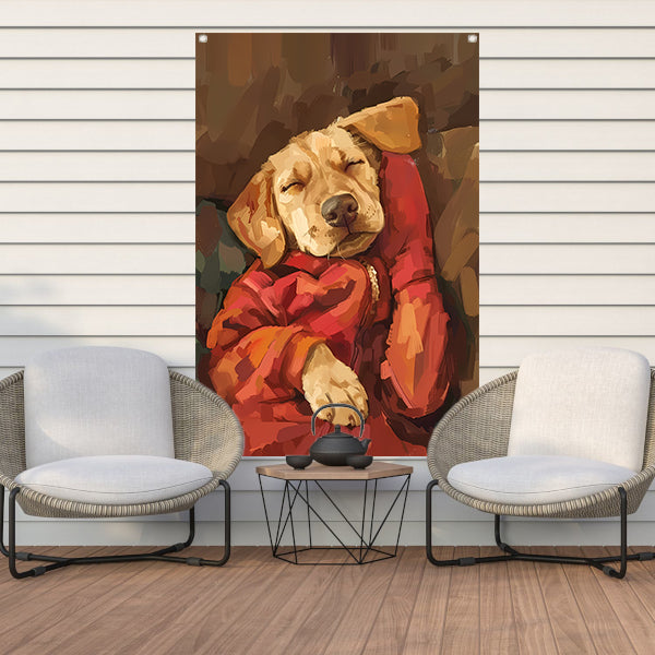 Slapende Labrador in Rode Jas tuinposter