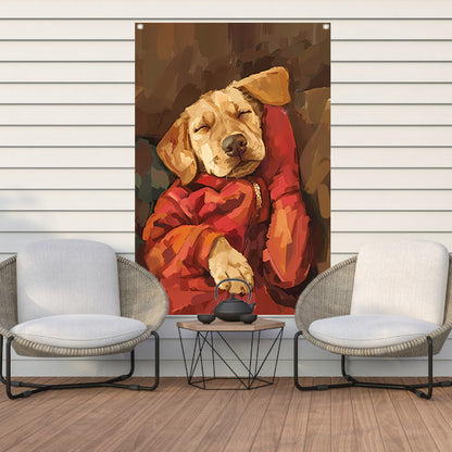 Slapende Labrador in Rode Jas tuinposter