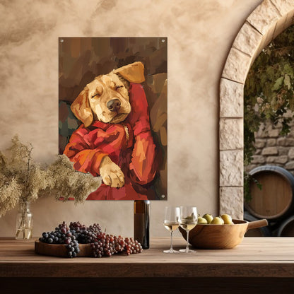 Slapende Labrador in Rode Jas tuinposter