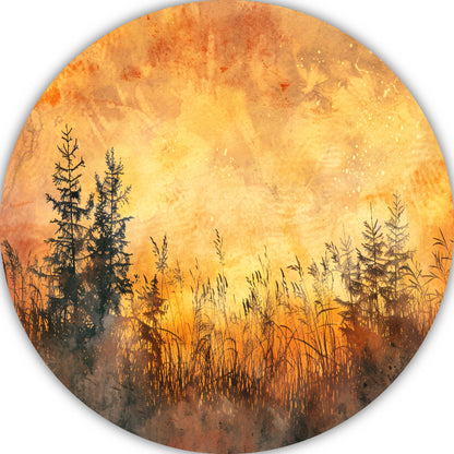 Warme Zonsondergang met Bomen en Gras forex muurcirkel