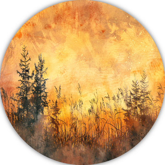Warme Zonsondergang met Bomen en Gras forex muurcirkel