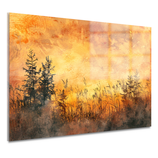 Warme Zonsondergang met Bomen en Gras acrylglas