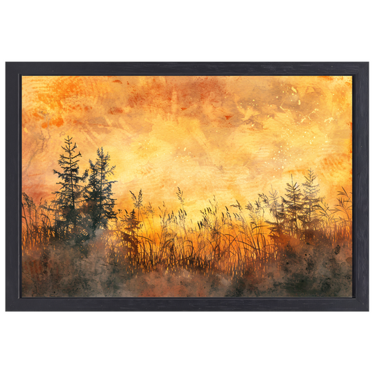 Warme Zonsondergang met Bomen en Gras canvas met baklijst