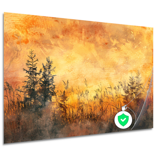 Warme Zonsondergang met Bomen en Gras poster