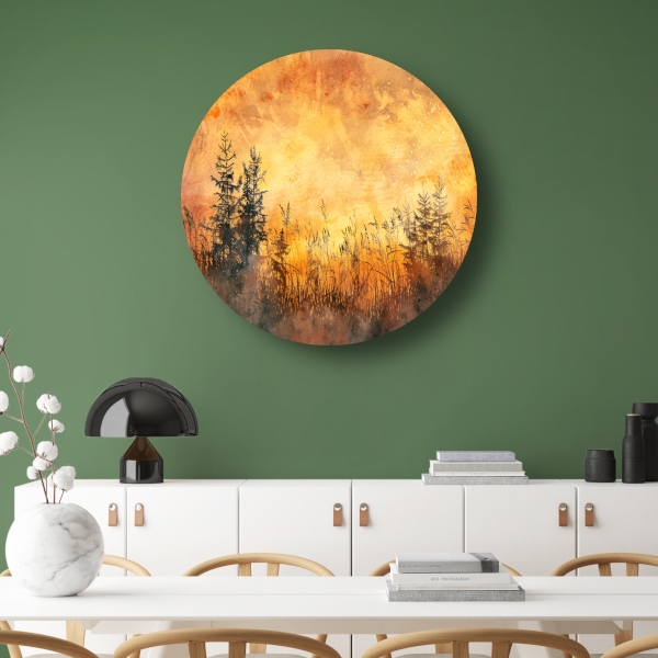 Warme Zonsondergang met Bomen en Gras aluminium muurcirkel