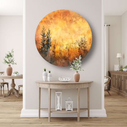 Warme Zonsondergang met Bomen en Gras aluminium muurcirkel