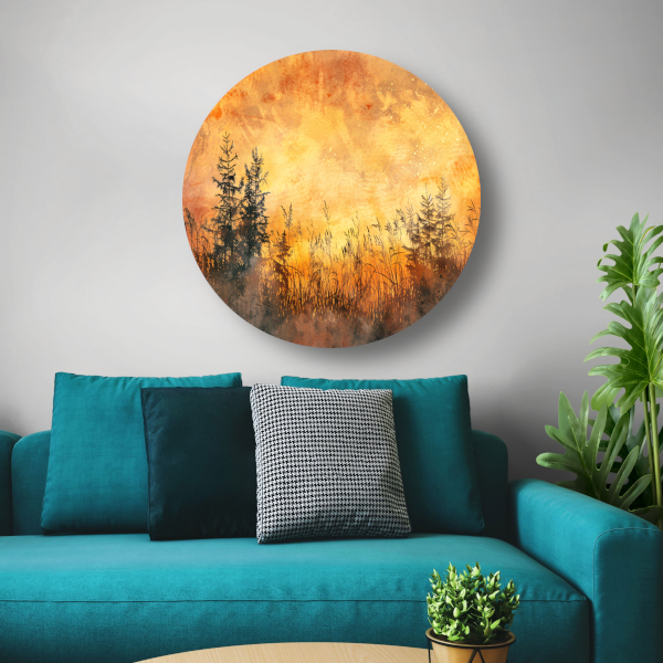 Warme Zonsondergang met Bomen en Gras aluminium muurcirkel