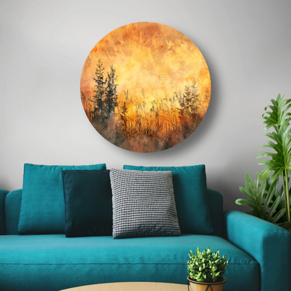 Warme Zonsondergang met Bomen en Gras aluminium muurcirkel