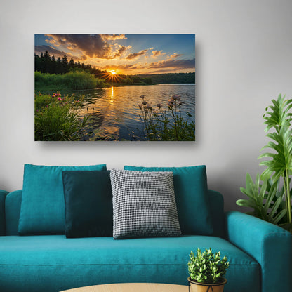 Adembenemende zonsondergang bij rustig meer canvas