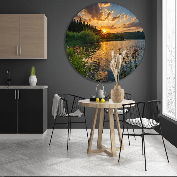 Adembenemende zonsondergang bij rustig meer aluminium muurcirkel