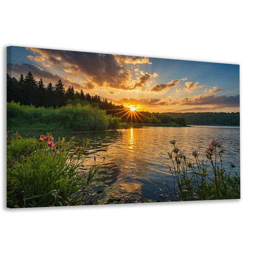 Adembenemende zonsondergang bij rustig meer canvas