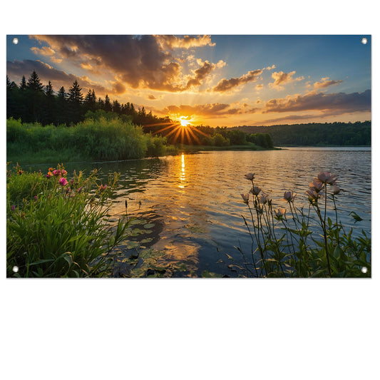 Adembenemende zonsondergang bij rustig meer tuinposter